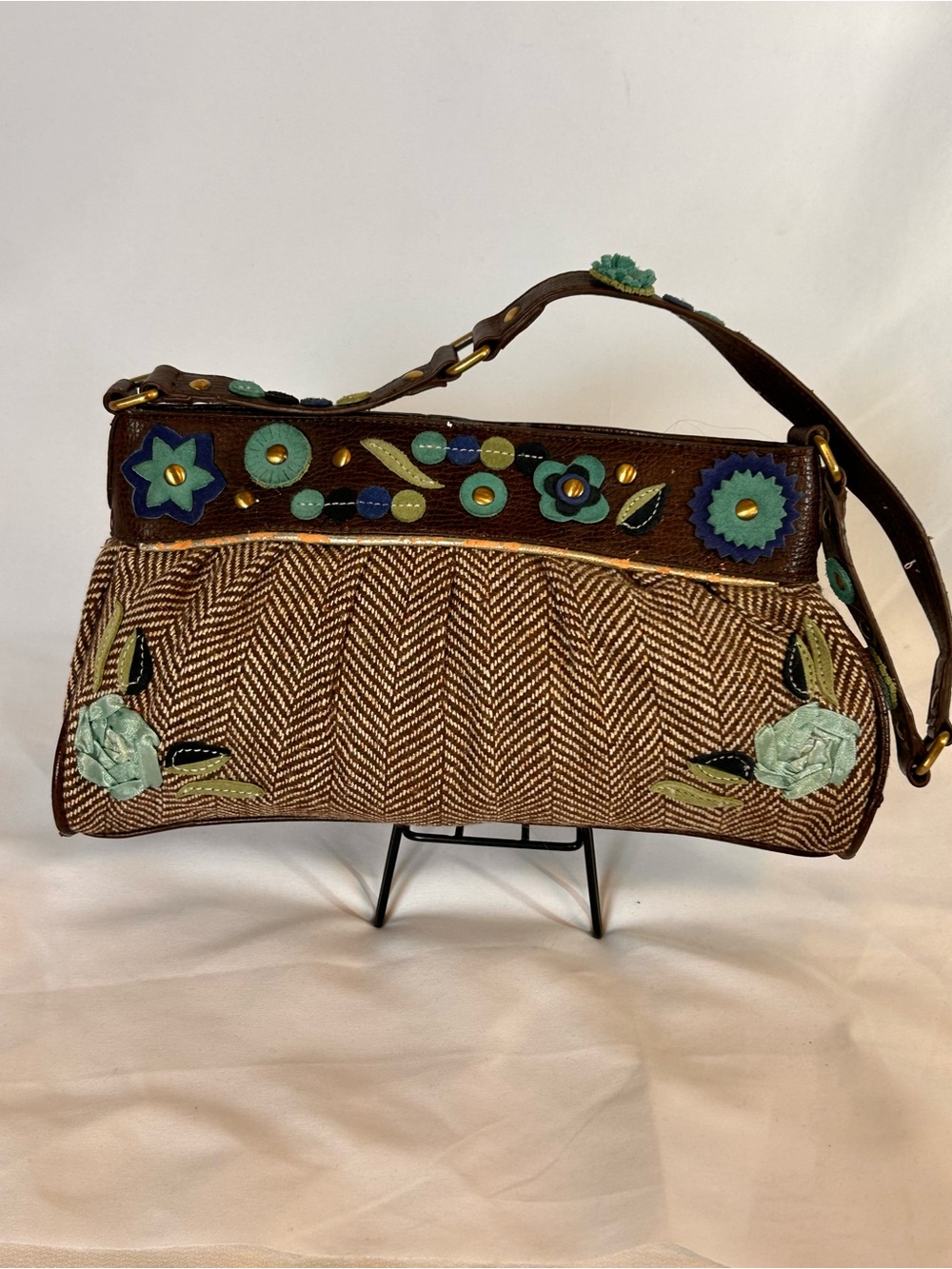 Vintage Oilily Tweed & Leather Floral Embroidered Shoulder Bag - Y2K Boho